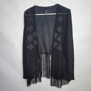 Skye's the limit Women's Black Crochet Cardigan Jacket with Fringe Size Large
